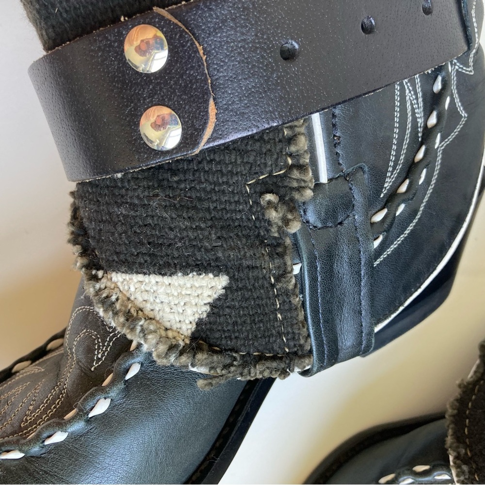 Canty Dan Post Black Leather & Textile Boho Short Ankle Western Cowboy Boots 7.5 - Picture 9 of 16